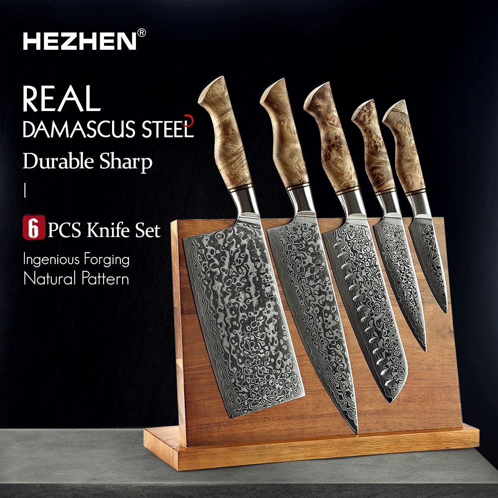 HEZHEN 5 To 6PC Kitchen Knife Set Professional Damascus Super Steel Chef Paring Santoku Sharp Cook Kitchen With Magnetic Holder