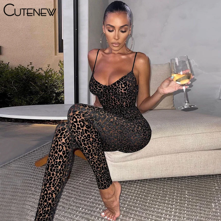 Cutenew Y2K Leopard Print Skinny Casual Strap Jumpsuits Women Fashion Sexy Sleeveless Backless Slim Stretch Lady Party Clubwear