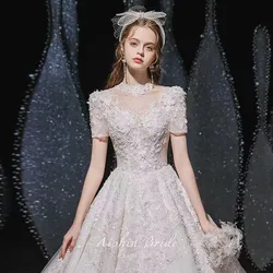 White Wedding Dresses Puff Sleeves High-Neck Shining Applique Beaded Crystal  Sequins Lace Up Backless Elegant Bridal Dress 2024