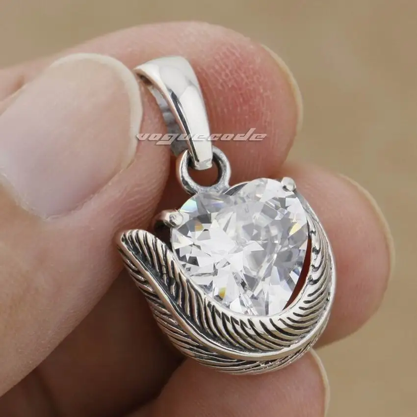 

925 Sterling Silver Feather White CZ Stone Heart Fashion Pendant 9J012 Just Pendant