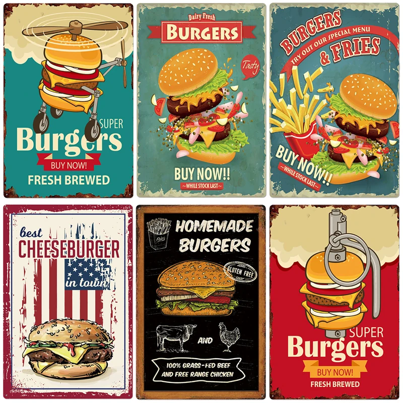 

Hamburger Metal Tin Sign Plaque Vintage Burgers and Fries Metal Plate Poster Kitchen Restaurant Shop Wall Decor