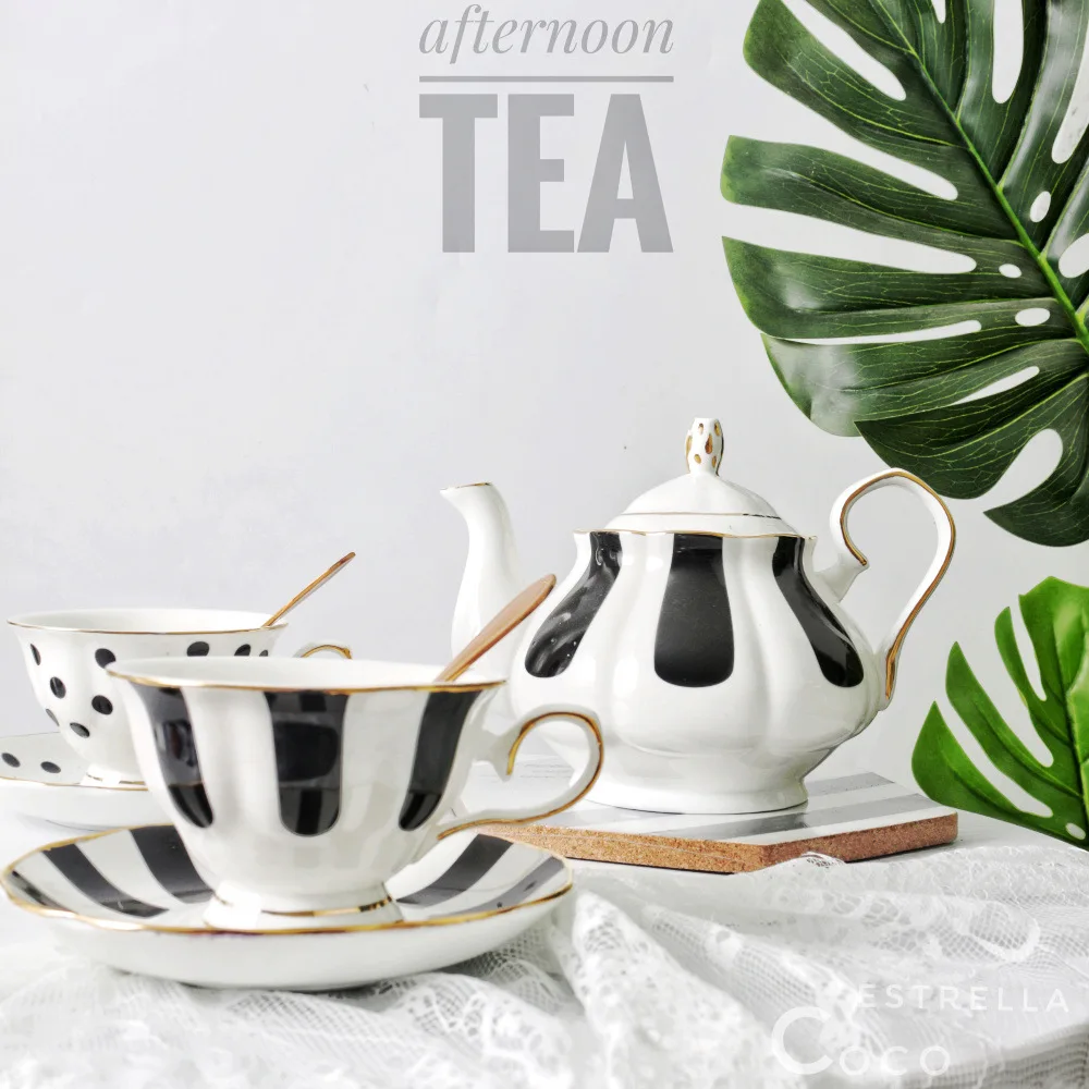 

Retro black and white polka-dot striped bone China European Phnom Penh coffee cup and saucer set ins photo afternoon tea