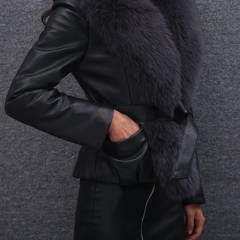 Short Genuine Leather Jacket Women Big Fox Fur Collar Sheepskin Coat Slim Women\'s Down Jackets Chaquetas Mujer 2020 KJ3573