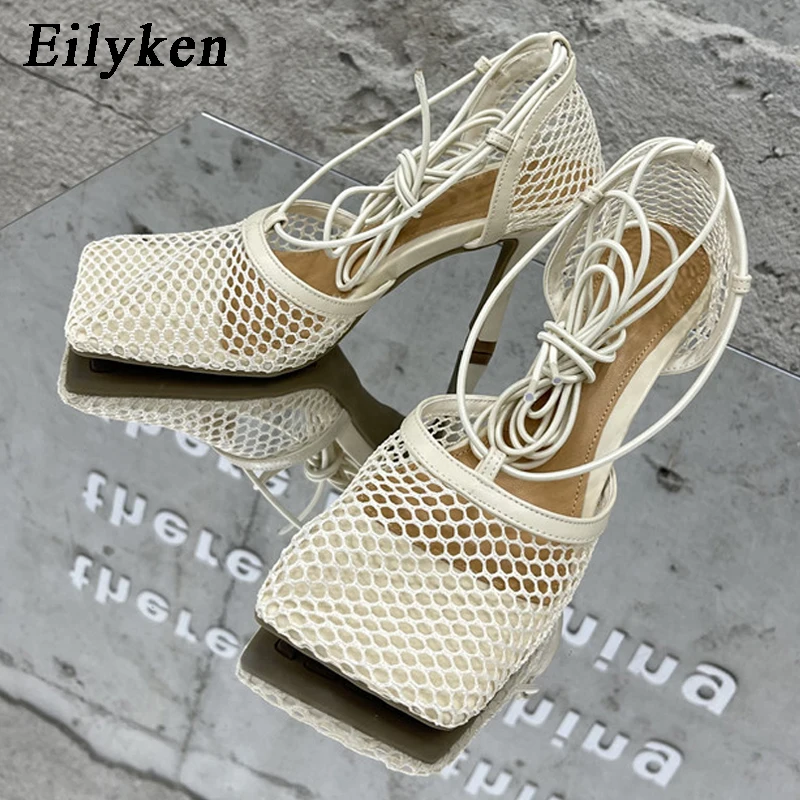 Eilyken Sexy Mesh Pumps Sandals Female Square Toe High Heel Lace Up Cross-Tied Stiletto Hollow Dress Shoes Zapatos Mujer