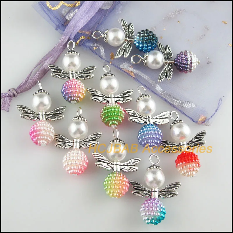 10Pcs Tibetan Silver Tone Angel Mixed Acrylic Waxberry Ball Charms Pendants 20x29mm
