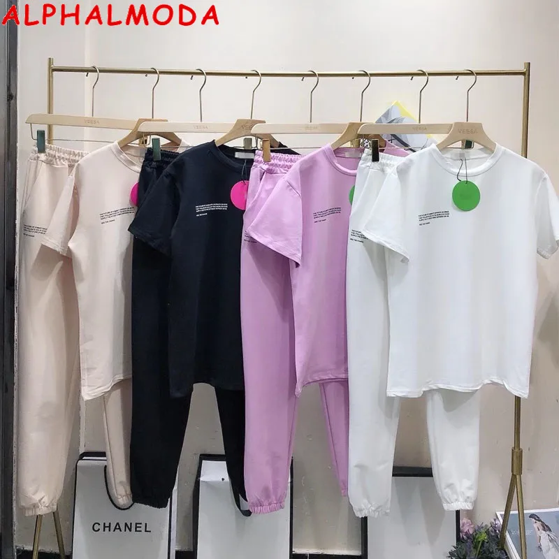 ALPHALMODA-여성용 반팔 레터 티셔츠와 조거 팬츠 세트, 봄 패션, 신상품, 2021, 2Pcs