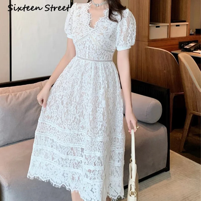 

Spring Female Vintage High Quality Lace V-neck High Waist Maxi Dresses for Women Hook Flower Hollow Elegant Fashion Ladies Y2k