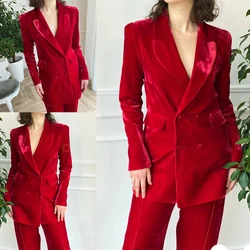 Fashion Velvet Red Women Blazer Suits 2 Pieces Set (Jacket + Pants) Custom Made Double Breasted Wedding Party Office Lady Coat