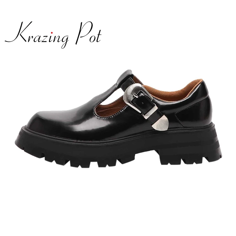 

Krazing Pot full grain leather high quality round toe thick bottom buckle strap young lady daily wear leisure women pumps L05