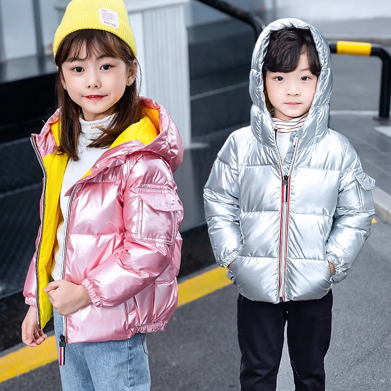 New Fashion Girls Winter Jacket Outwear Hooded Boy's Parkas Glossy Warm Kids Down Coat Solid Children Snowsuit 3-12 Years Old