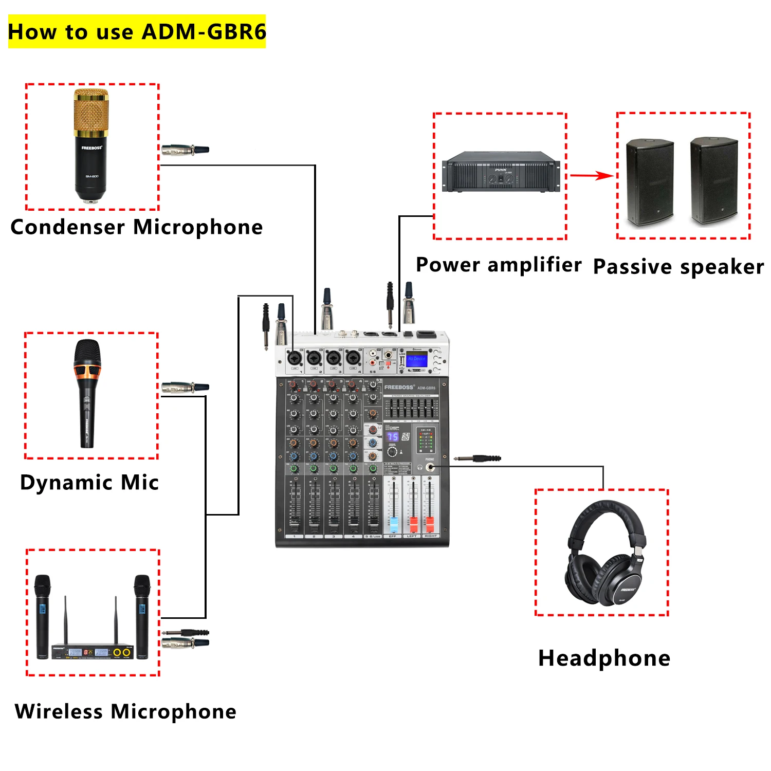 FREEBOSS + 48V Phantom daya ulangi efek USB Play Record Bluetooth Karaoke konsol DJ 99 DSP Audio Mixer 6 channel ADM-GBR6