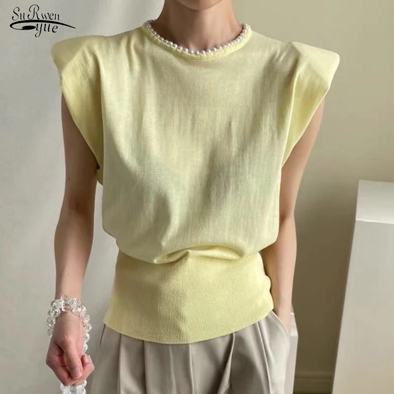 

Korean O Neck Short Sleeve Loose Slim Blouse Women Summer Beaded Knitted Tops Tees 2021 Fashion Elegant Hollow Shirts Tops 15286
