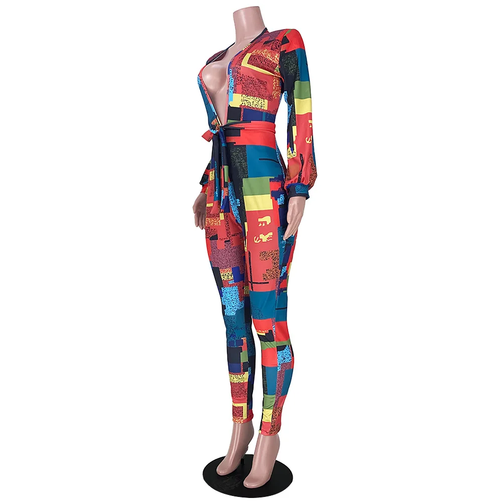 BKLD 2020 Autumn New Fashion V-Neck Backless Colorful Printed Bandage Womens Jumpsuits Long Pants Sexy Party Nightclub Outfits