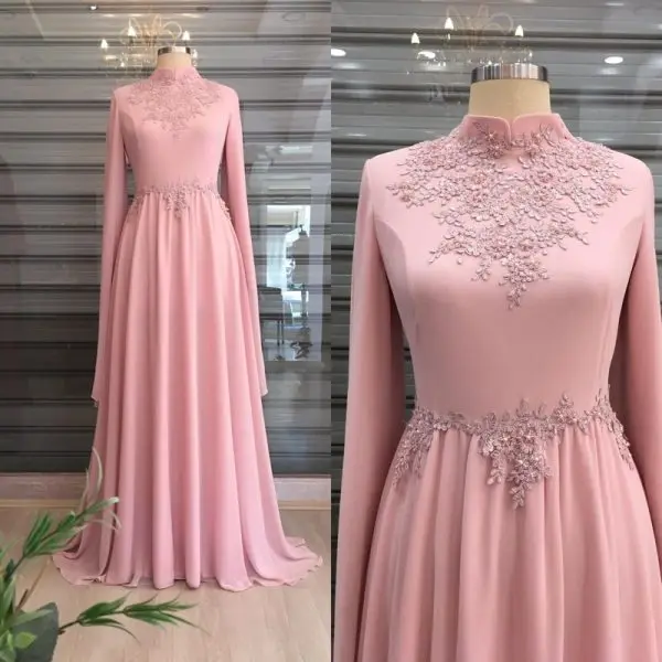 Vestido de graduación musulmán de manga larga, prenda Formal de gasa con apliques, cuello alto, línea A, Vestidos de fiesta de noche, Arabia Saudita