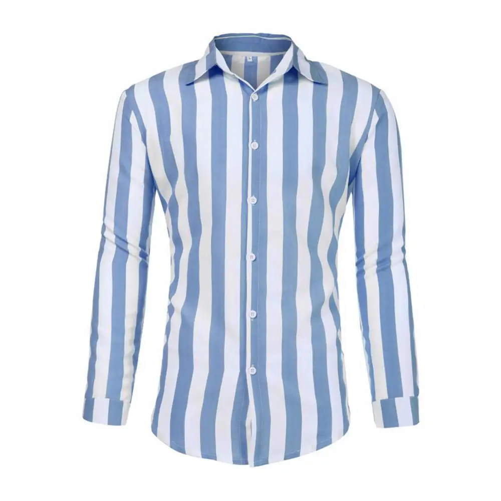 40%HOT Fashion Turndown Collar Vertical Stripes Loose Button Long Sleeve Men Shirt Top