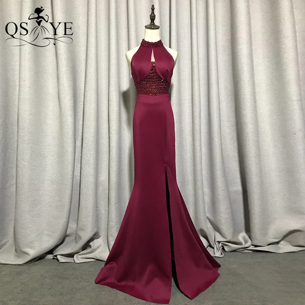 Robe de soirée de forme sirène, tenue de bal élégante, col licou, couleur bordeaux, taille de perle, extensible, bon marché, Sexy, fendue, pour femmes