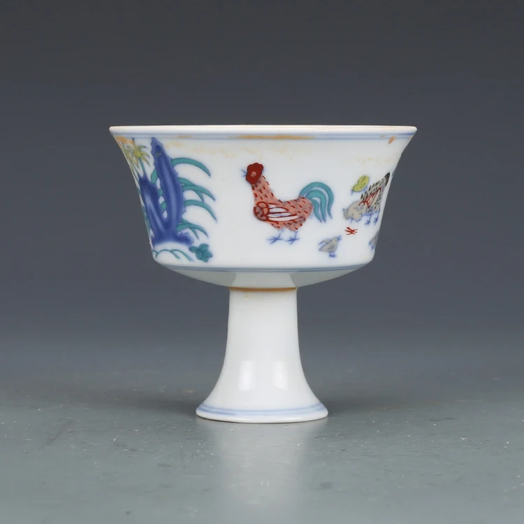 Daming Chenghua Year Mark Colorful Chicken Goblet Antique Porcelain Tea Cup