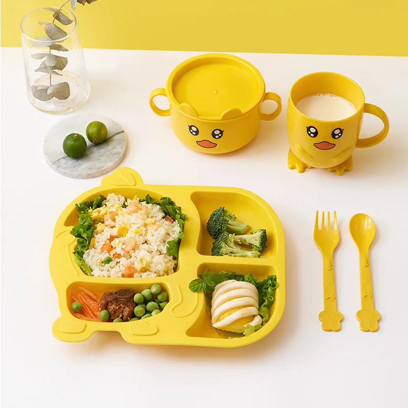 Imebaby children\'s tableware five-piece baby feeding plate set cute little yellow duck fork spoon rice spoon kid gift