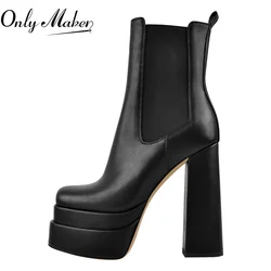 Onlymaker Women Black Matte Ankle Boots Round Toe Double Platform Side Zipper Chunky High Heels Concise Fashion Punk Booties