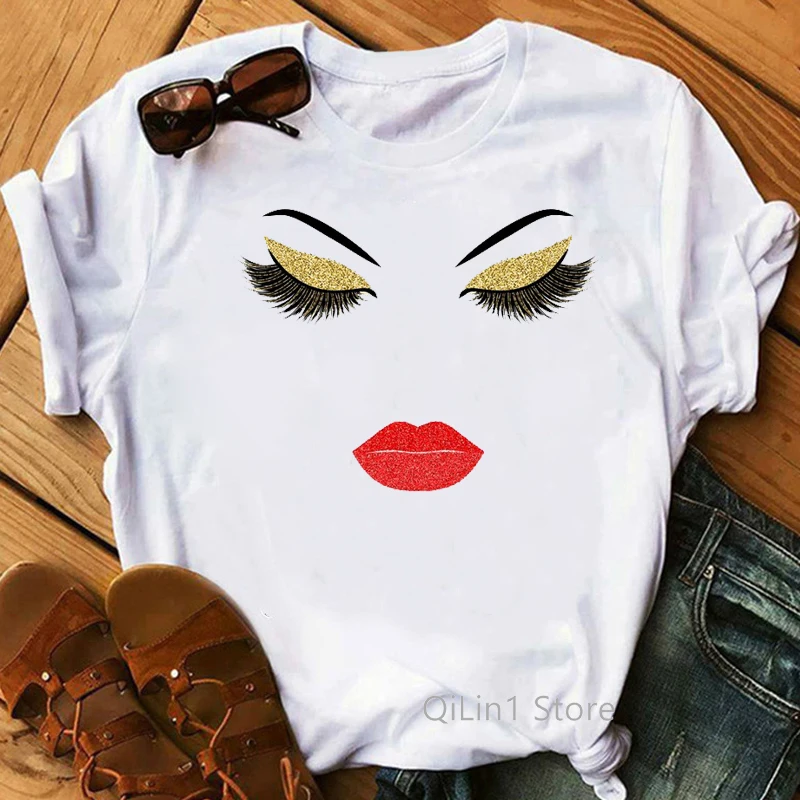 Nail Polish Lipstick Eye Shadow Printed Kawaii Make Up T Shirt Women Love Tee Shirt Femme Summer Top Female T-Shirt