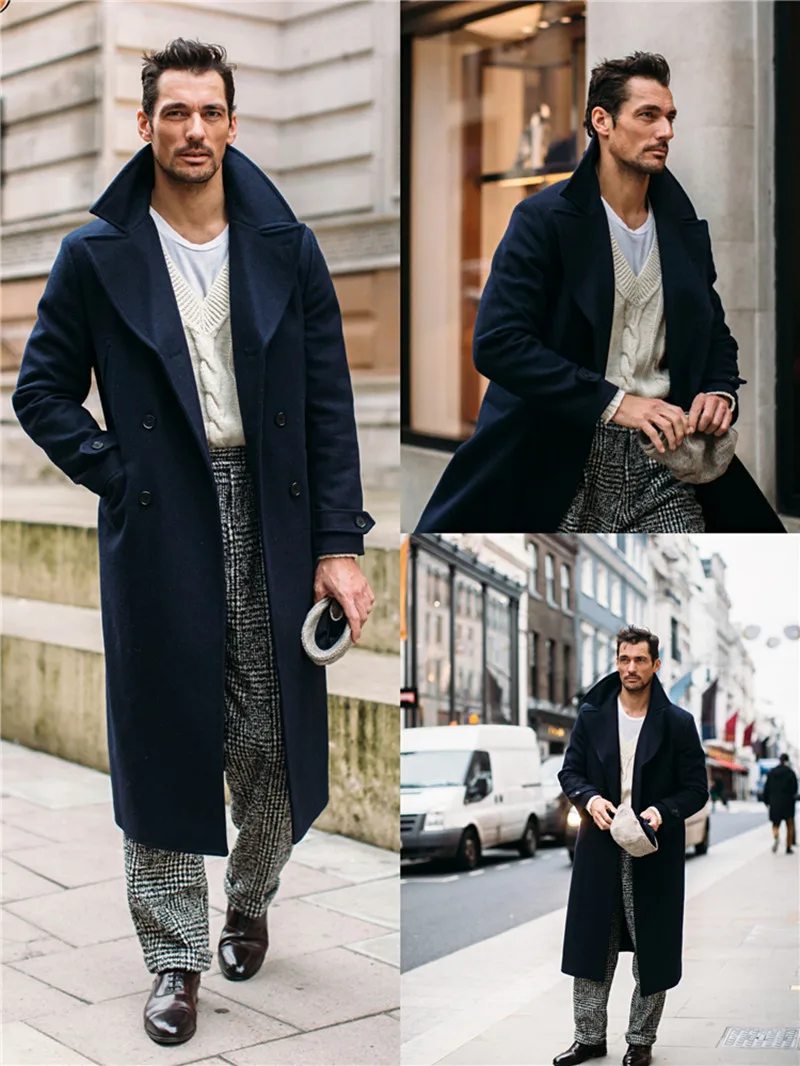 Men\'s Woolen Good Quality Coat Navy Blue Winter Warm Solid Double-Breasted Thick Plus V-Neck Overcoat Casual Male Overcoat