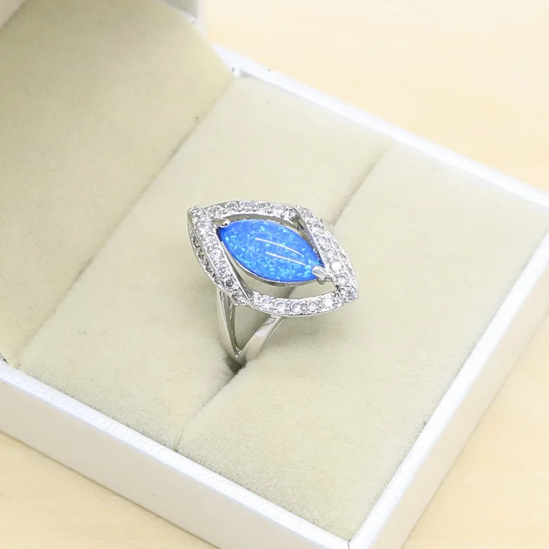 Silver Jewelry sets For Women Luxury 925 Sterling Silver Blue Opal Ring Earrings Pendant Set Fashion Jewelry