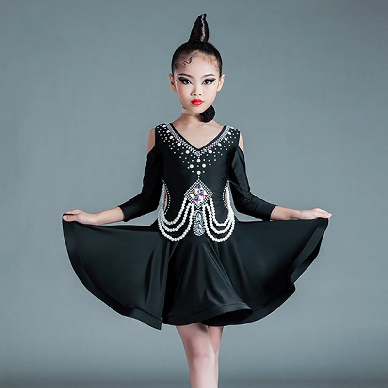 Latin Dance Dress Girls Rhinestone Competition Dance Costume Pearl Chain Cha Cha Samba Performance Clothing Black Dress BL6909