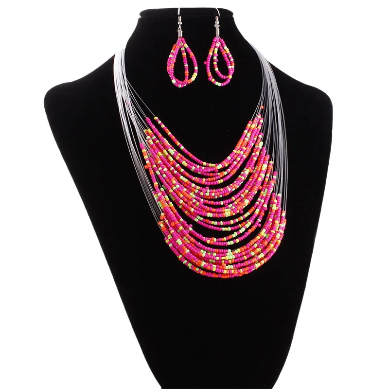 Ethnic Bohemian Necklace Beads Invisible Chain Layered Necklace Jewelry Sets Colorful Women Collar Mujer Colier Femme Statement