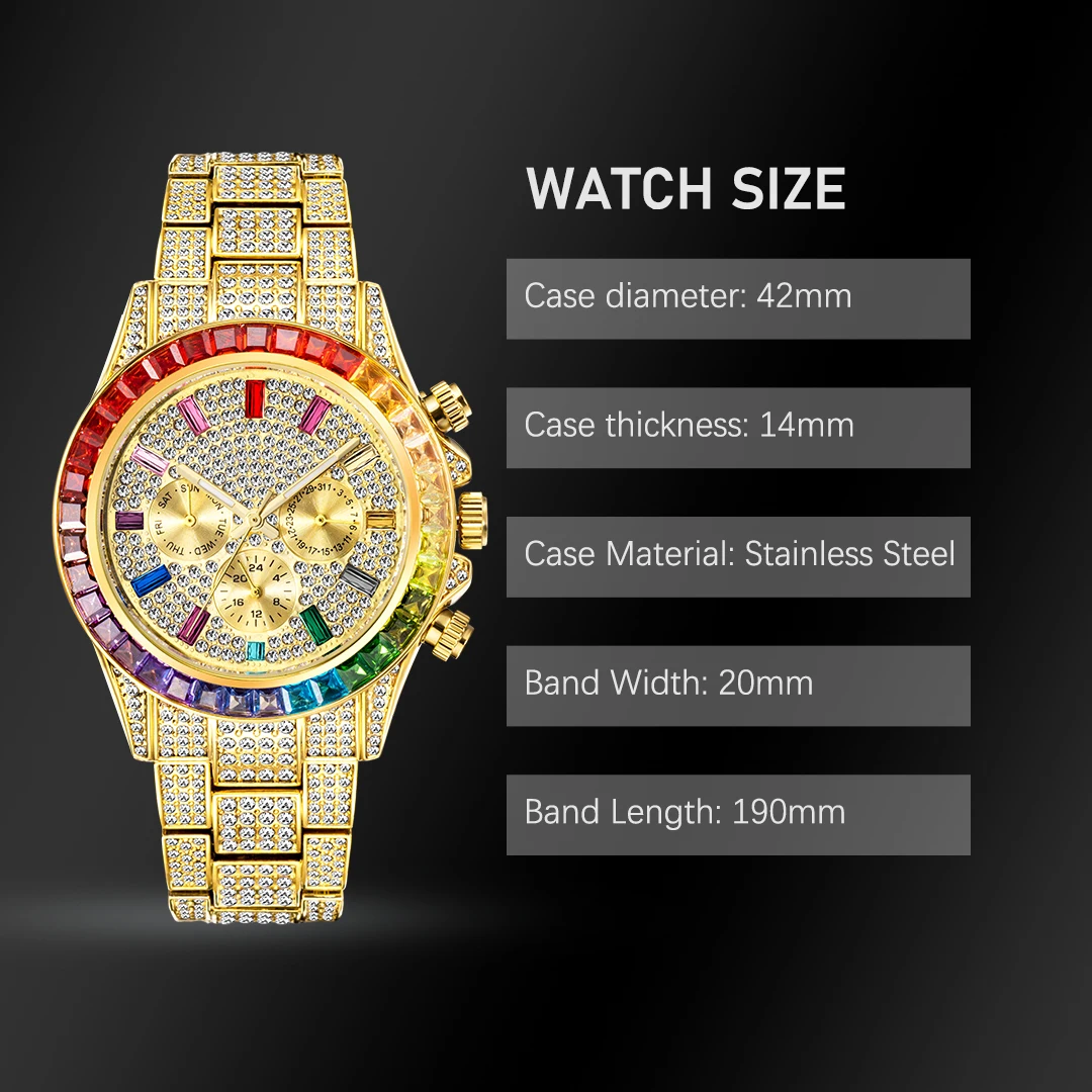 Gold Watch For Men MISSFOX Rainbow Baugette Classic Stylish Quartz Wristwatches With Calendar Diamond Timepiece Dropshipping