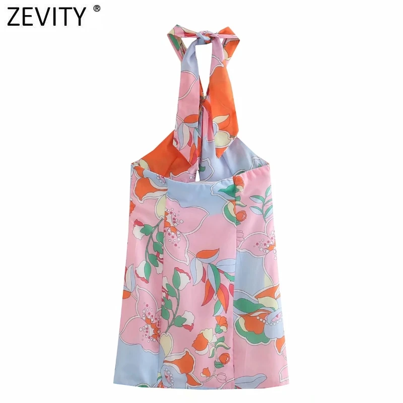 Zevity New Women Sexy Knotted Design Floral Print Halter Mini Dress Female Chic Side Zipper Slim Summer Party Vestidos DS8799