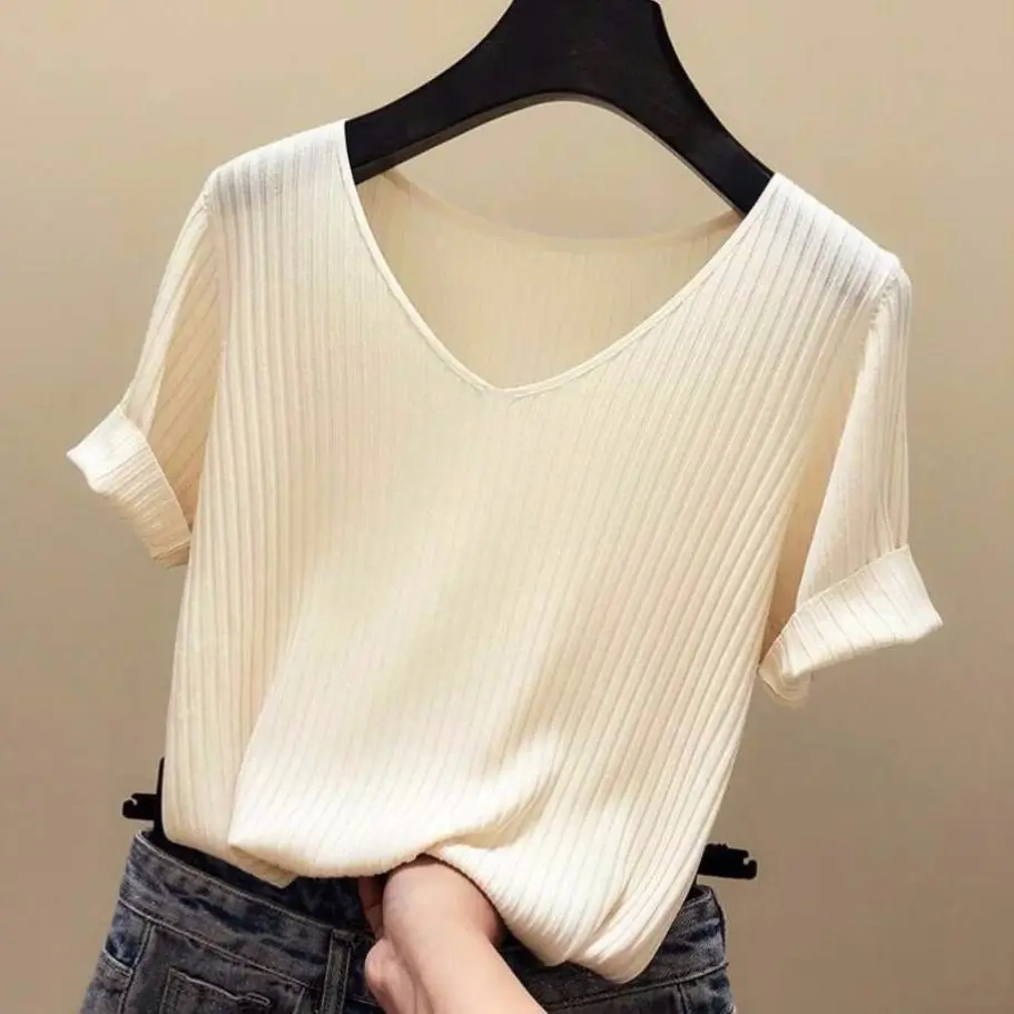 

Beige beauty Summer Thin Ventilation Office Lady Cloth Women T-shirts Knitting Crop Short Sleeve Stretchy T-shirt Ice silk Tops