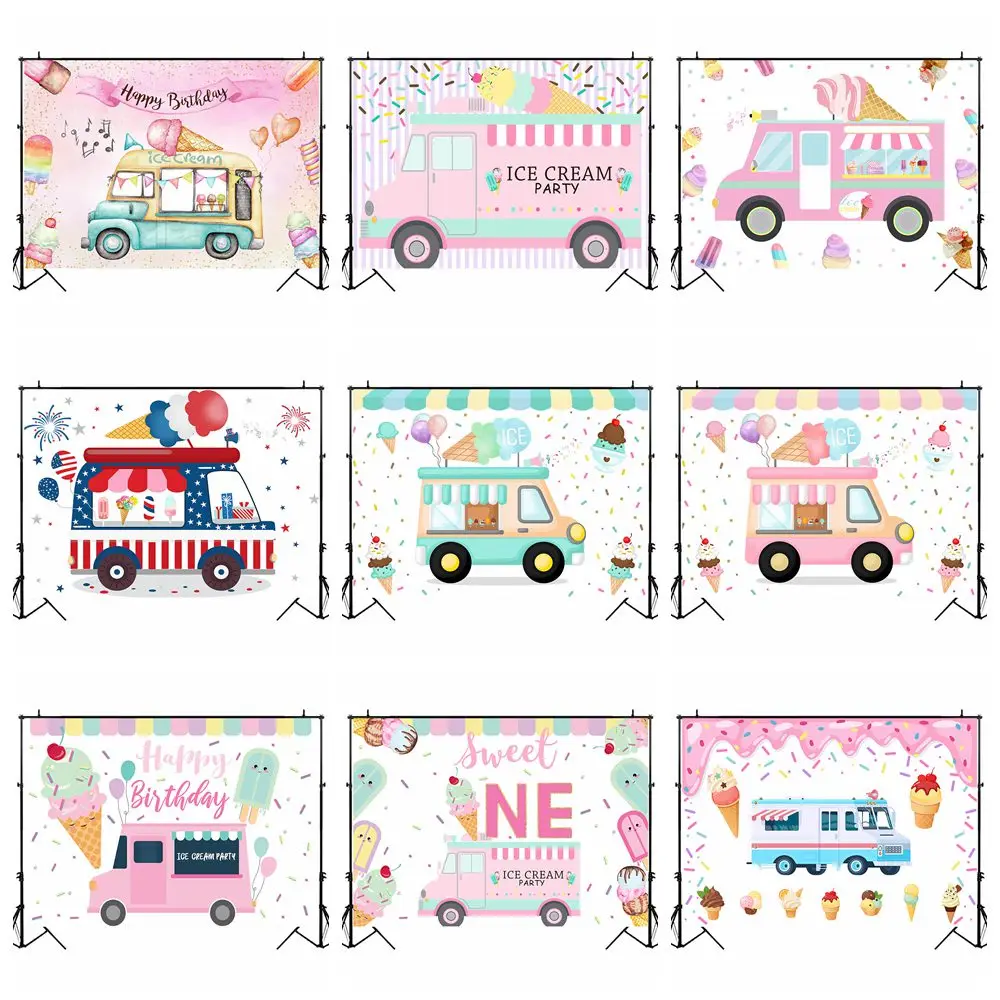 MOCSICKA Ice Cream Truck Backdrop Baby Kids Birthday Party Portrait Photo Background Decoration Newborn Baby Shower Banner Shoot