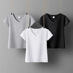 Women Sweetshirts V-neck shirts for womens Black White woman clothes Short sleeve Cotton Tees for girls  Basic Tops