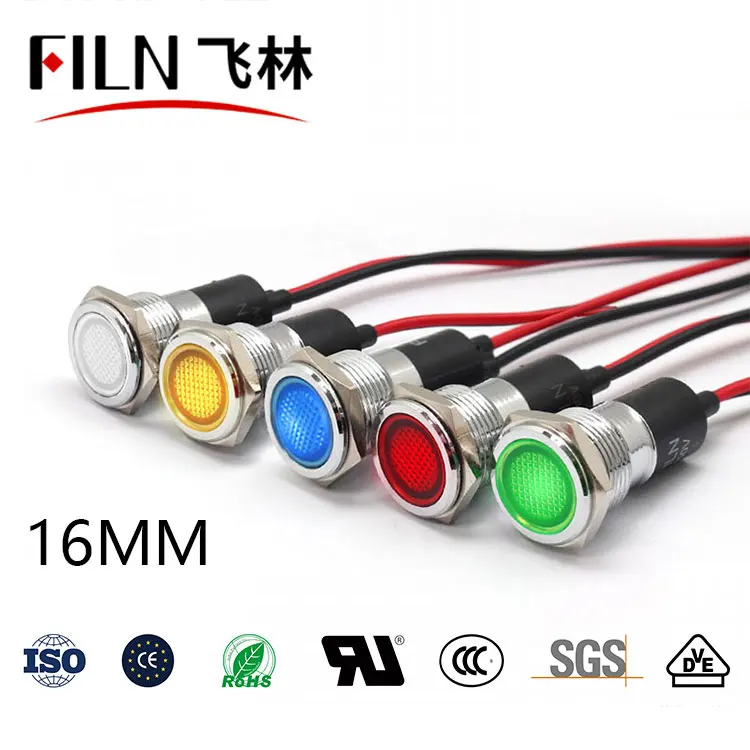 FILN Metal Flat head 16mm red green high-brightness 12v 220v led signal lamp led indicator lamp with cable