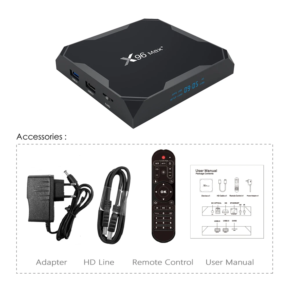 X96 MAX Plus TV Box 4GB 64GB 32GB Android 9.0 Amlogic S905X3 Wifi BT 8K 24fps youtube X96 Max + Media Player Set Top Box 2G16G