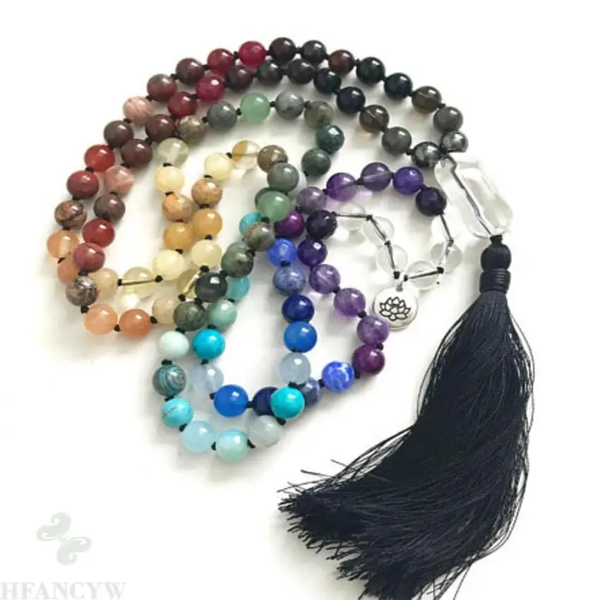 

8mm 7 Chakra Gemstone Tassel Mala necklace 108 Beads Sutra Buddhist Wrist energy Unisex Chakas Gemstone Meditation pray cuff Men