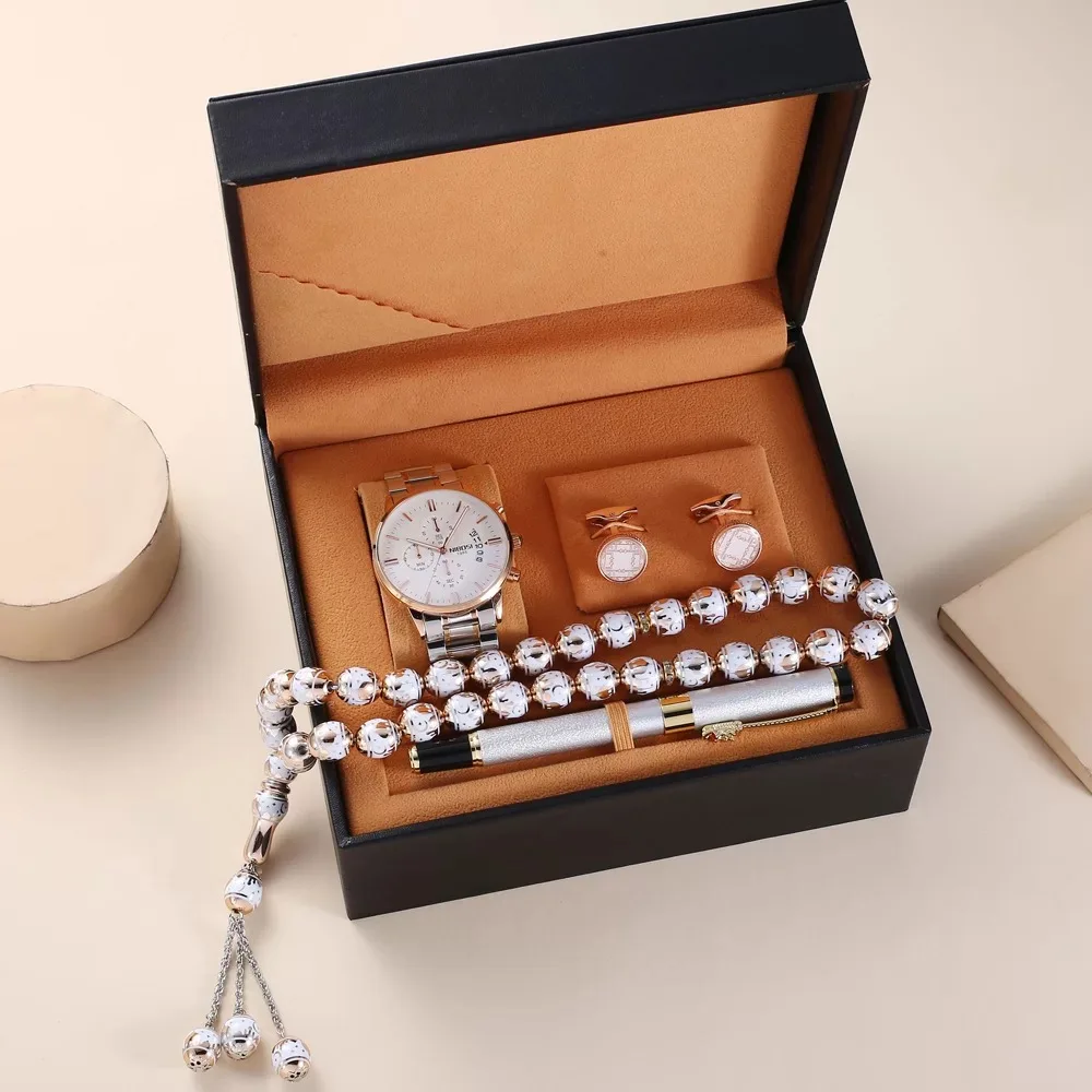 Man Watch Gift Set With High Quality Box Luxury Quartz WristWatch Rosary Bracelet Cufflinks Pen Mens Watches Set For Men’ s Gift