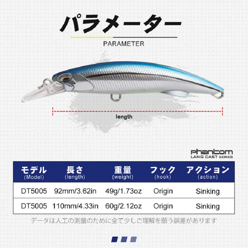 D1-Heavy Minnow Fishing Lures, Afundando Laser Artificial, Hard Wobblers Iscas, Seabass Fishing Tackle, DT5005, 92mm, 49g, 110mm, 60g