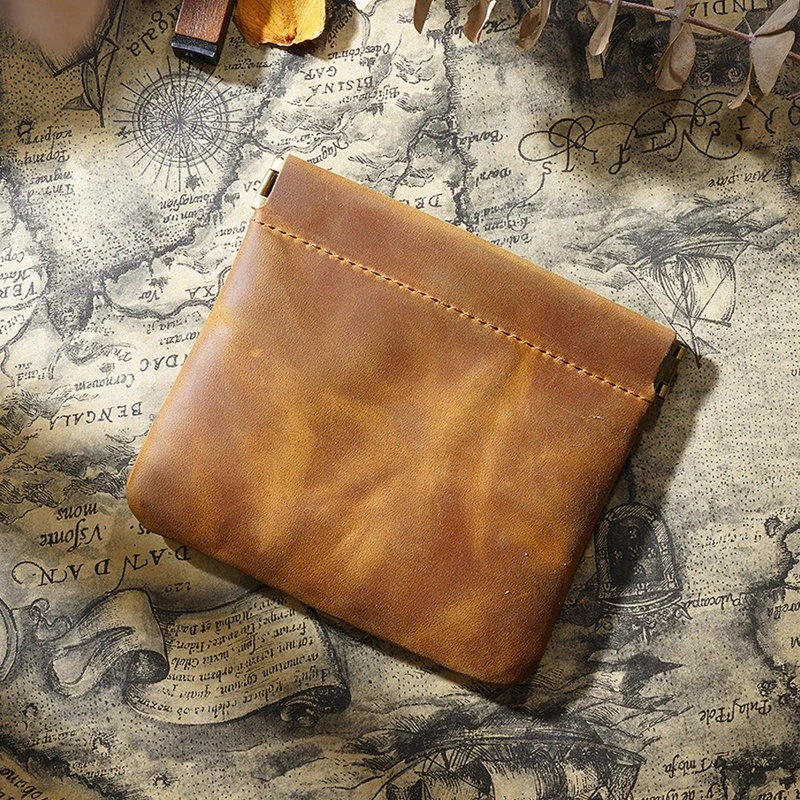 

066F Elastic Metal Solid Leather Coin Purse Small Mini Short Change Wallet Bags