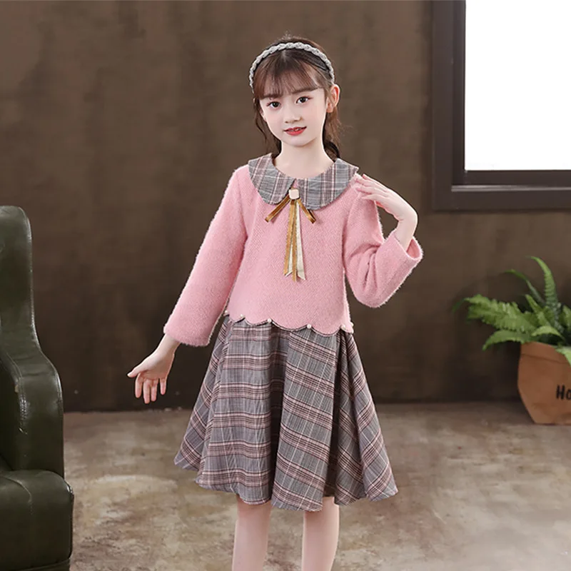 Autunm Winter Children  Academic Atmosphere Dress Kids Lovely Bow Long Sleeve Two Piece Set Girls Cotton Lattice Pleated Skirt	