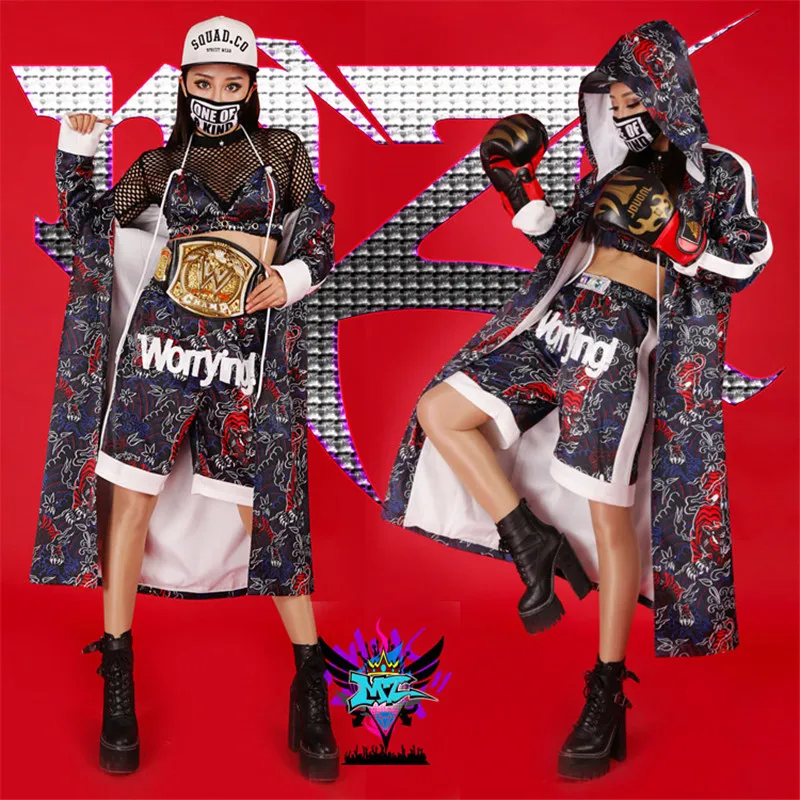 Women New Boxing Clothing Coat Shorts Sexy DS Female Costumes Performance DJ Show Prom Party Set(Top + shorts + cloak) champion