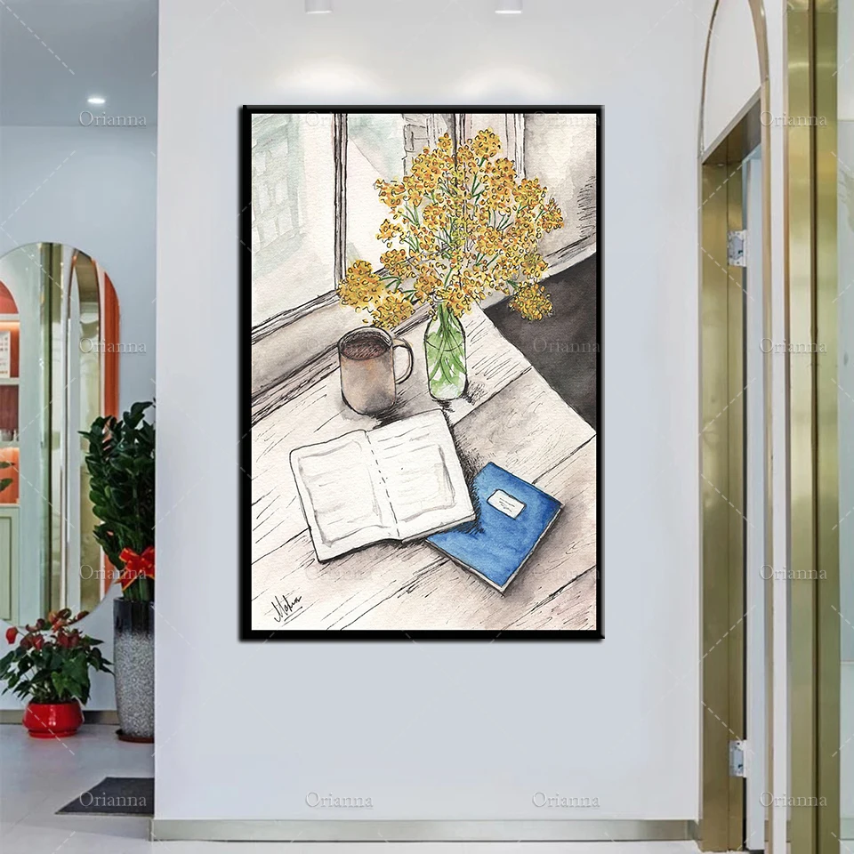 

Nordic Cartoon Coffee Book And A Window Wall Canvas Painting Print Art Poster Modular Pictures Living Room Decoration Bedroom