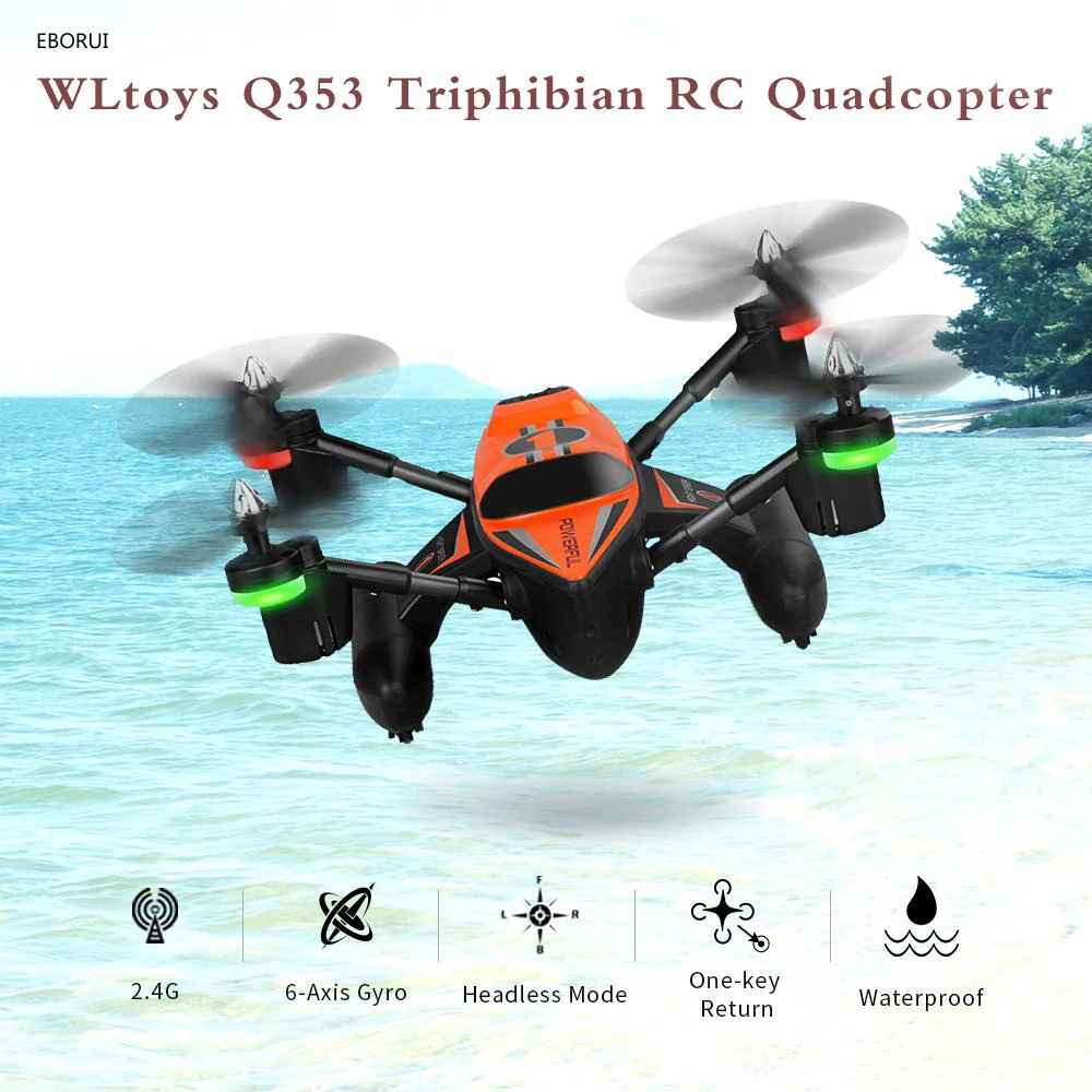 WLToys Q353 Triphibian Waterproof RC Drone 2.4G 6-Axis Gyro Air-Ground-Water RC Quadcopter Headless Mode One Key Return RTF