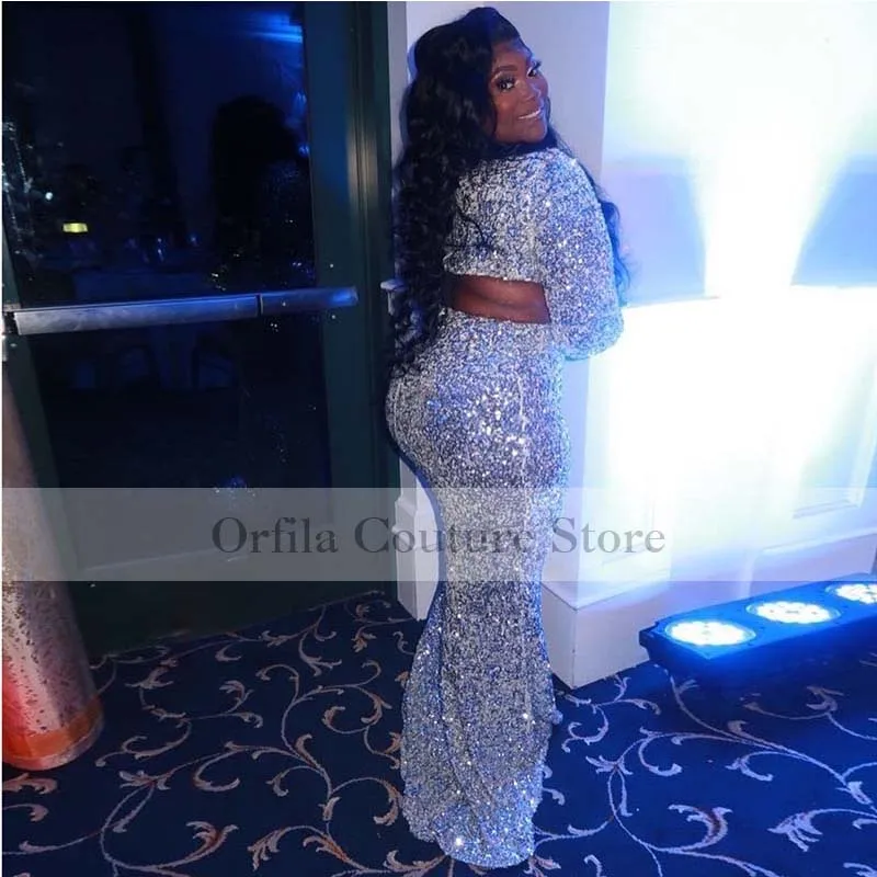 Silver Sequin Formal Evening Dresses Long Sleeves Mermaid Prom Dress Dubai Arabic Women 2021 Vestidos De Fiesta Pageant Gowns