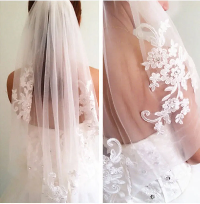 Elegante Uma Camada Apliques De Casamento, Curto Branco Marfim Véus De Noiva, Acessórios De Noiva, Bordado Floral, Pente De Cabelo