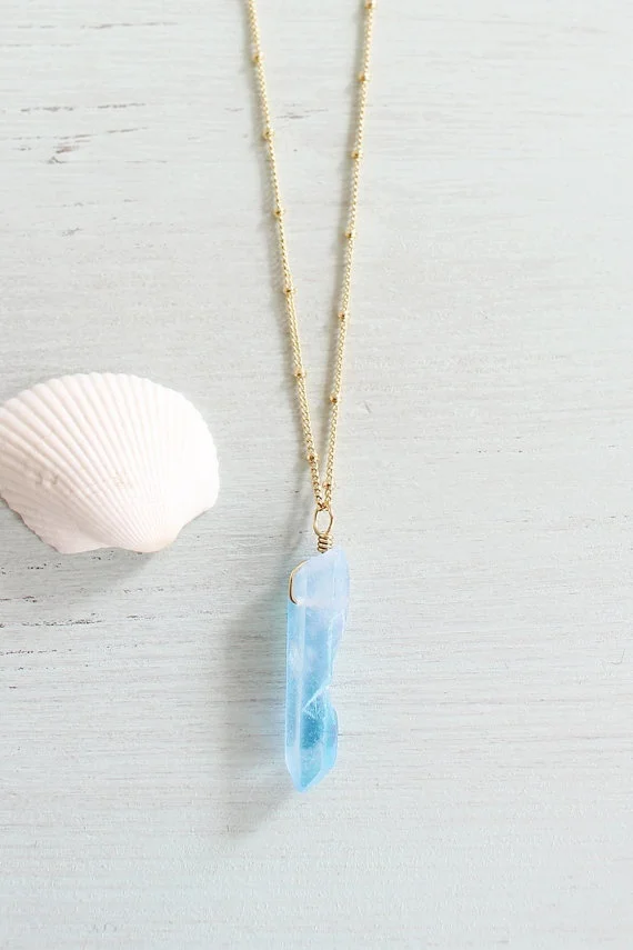 Aqua Aura Mystic Quartz Point Necklace  Sky Blue Crystal Necklace  Aqua Rainbow Crystal Quartz Necklace