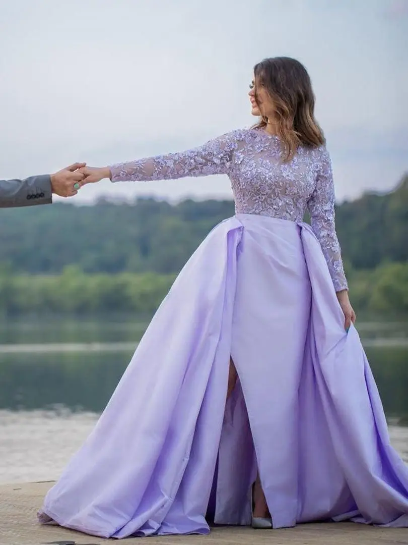 Robe de soirée élégante de forme sirène, en dentelle, lavande, avec traîne amovible, col en bijou, fente latérale, manches longues, robe de bal de standing