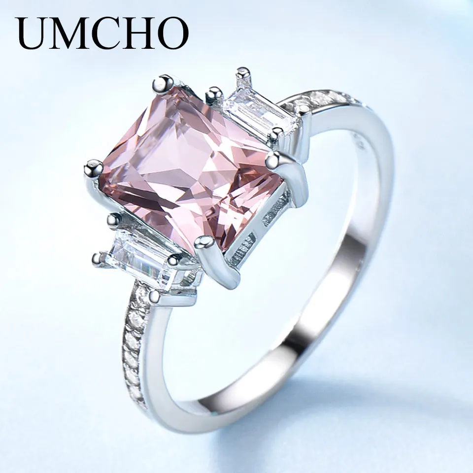 UMCHO Solid Sterling Silver Cushion Morganite Gemstone Rings For Women Engagement Anniversary Band Valentine\'s Gift Ring Set