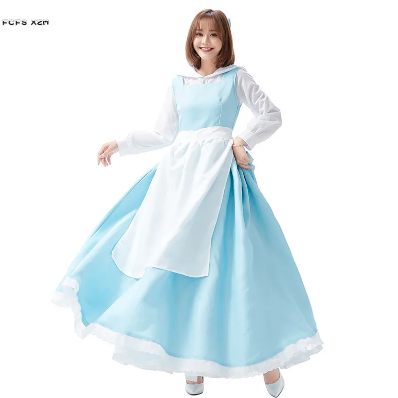 Sky Blue S-XL Women Halloween Princess Costumes Female Waitress Maid Cosplay Carnival Purim Masquerade Bar Role Play Party Dress