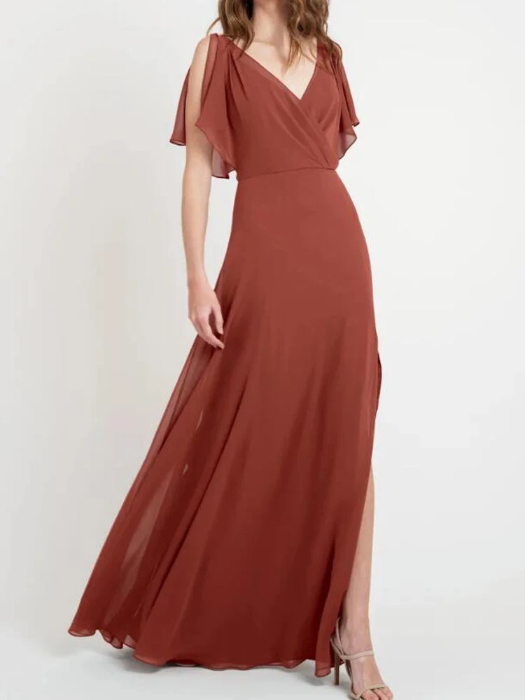 Terracotta Chiffon Bridesmaid Dress Summer Style Side Split Long Wedding Party Dresses